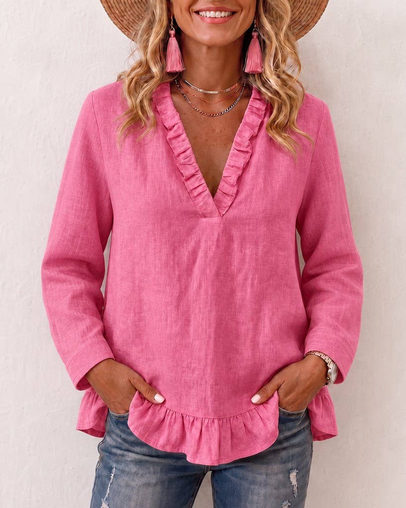 Boho Ruffle Trim V Neck Long Sleeve Casual Blouse: Khaki