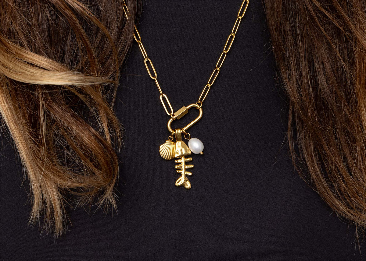 18K Gold PVD Paperclip Carabiner Necklace: Gold / 16+2"