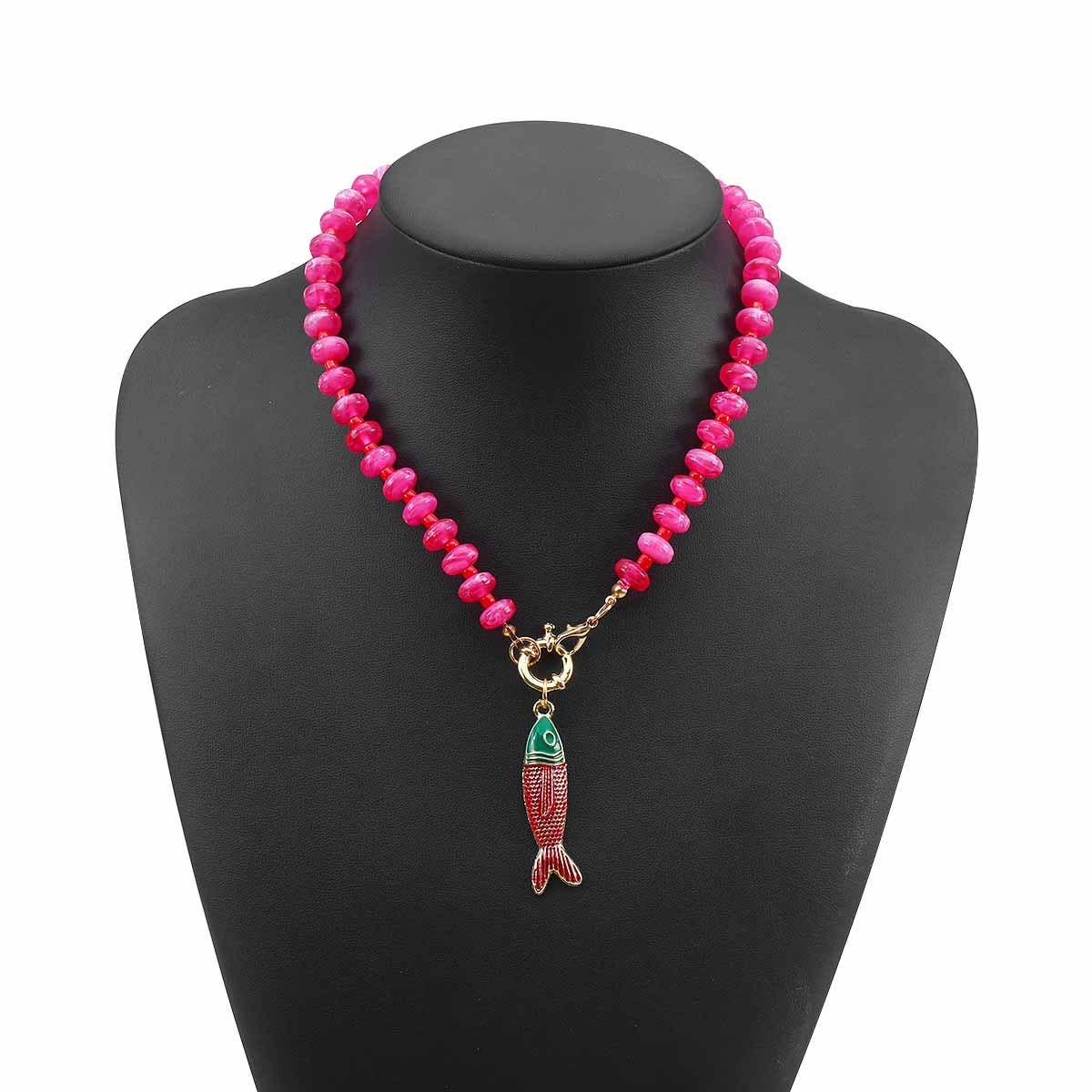 Beaded Fish Pendant Statement Necklace: Pink