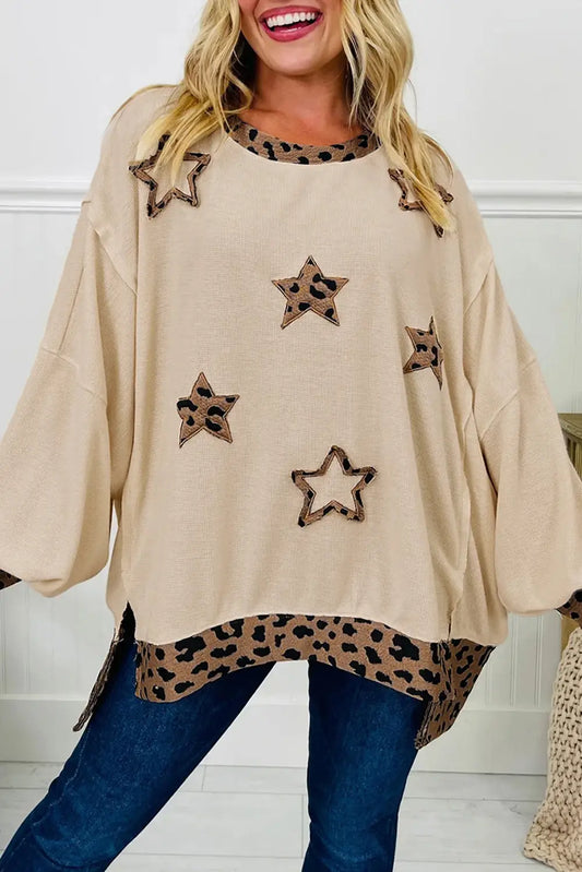 Leopard Star Patchwork Detail Raw Seam Baggy Sweatshirt: Beige