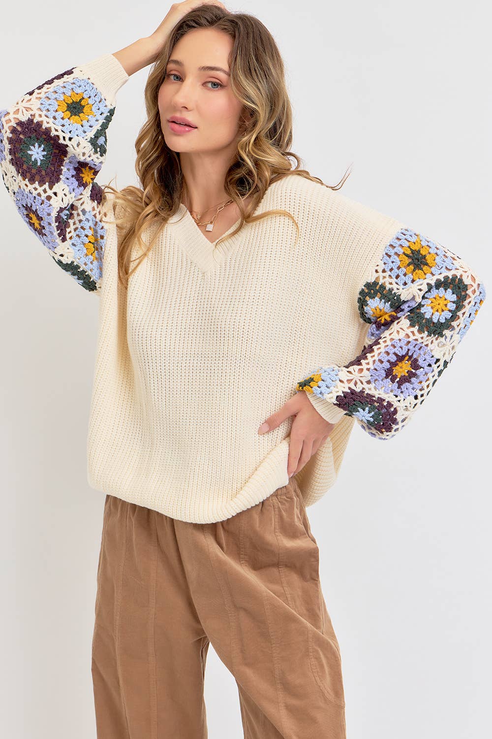 CROCHET PATCHWORK SWEATER: IVORY/ORANGE / Contemporary
