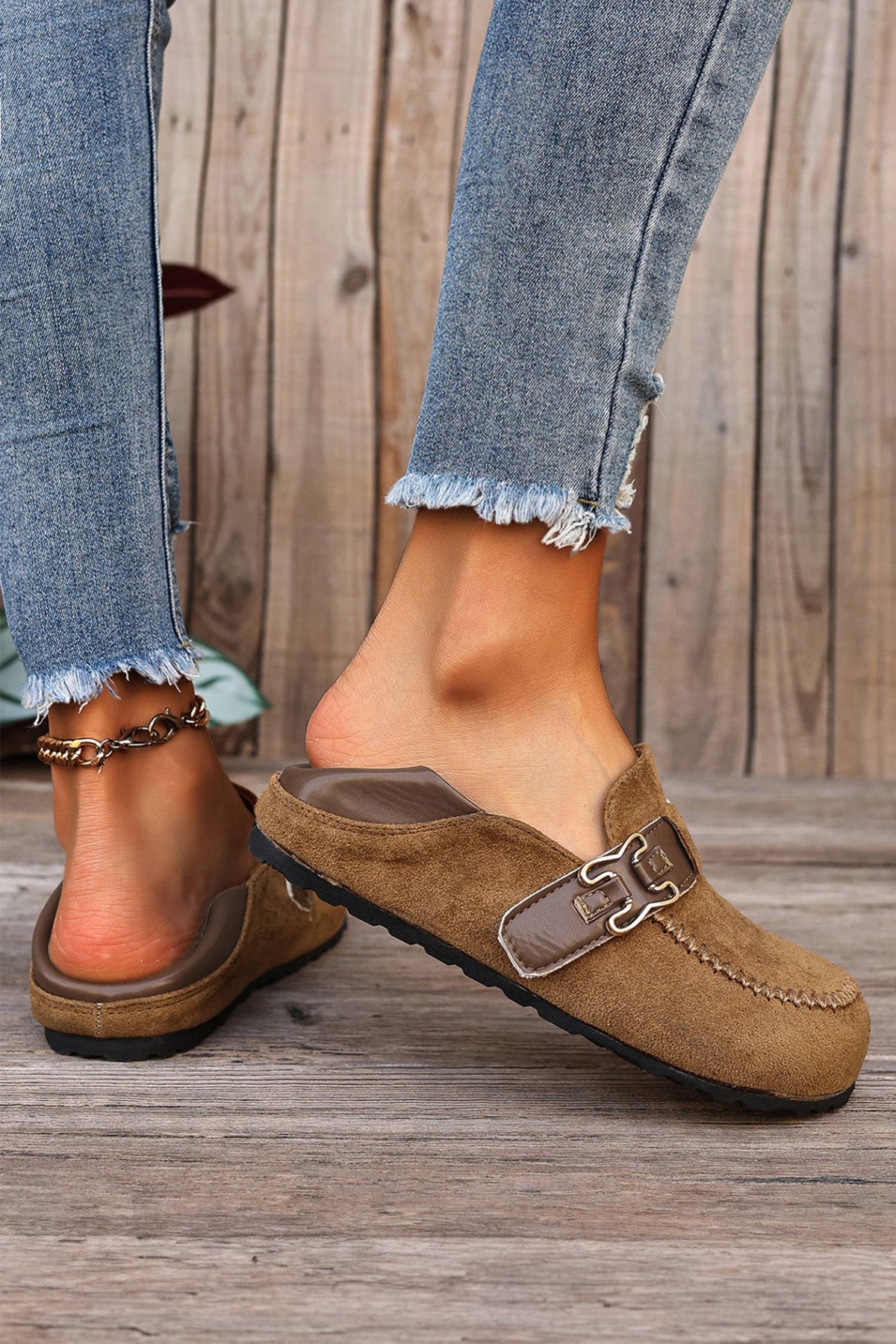 Faux Suede PU Leather Patchwork Retro Buckle Slip On Shoes: Khaki