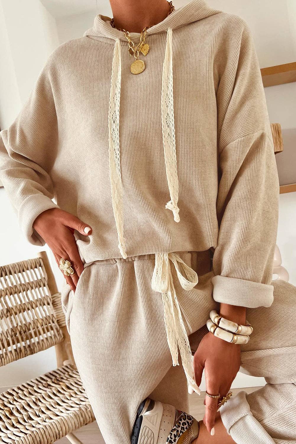 Parchment Leopard Drawstring Pullover Hoodie and High Waist Pants Corduroy Suit: Parchment / 42.5%Polyester+40%Viscose+16%Polyamide+1.5%Elastane