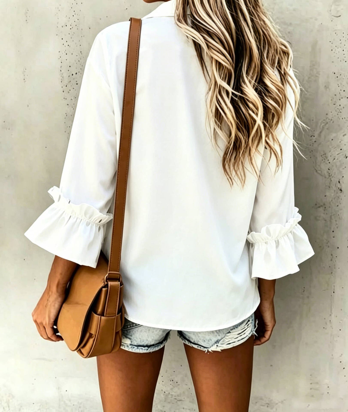 Polka Dot ruffle 3/4 sleeve button up blouse: White