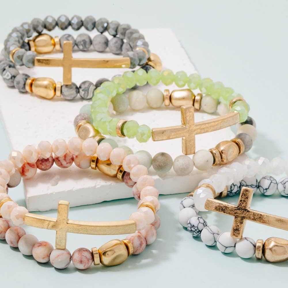 Cross Charm Stone Beaded Bracelet Set: LCTWG
