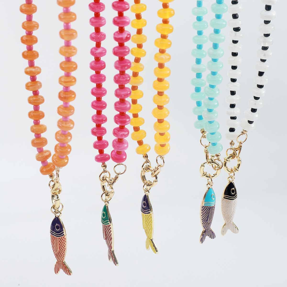 Beaded Fish Pendant Statement Necklace: Orange