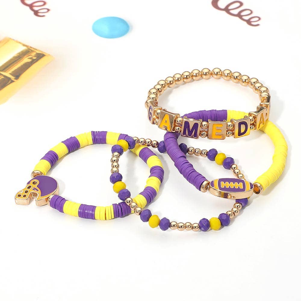 4PCS - GAMEDAY Football Charm Heishi Beaded Stretch Multi Layered Bracelets: Black Burgundy