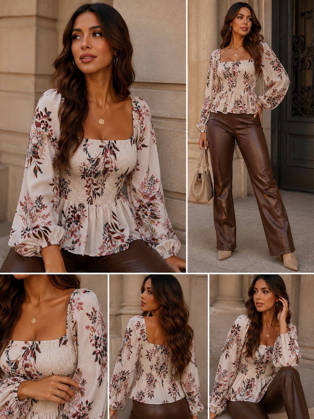 Floral Smocked Peplum Top: Lt brown combo-206020