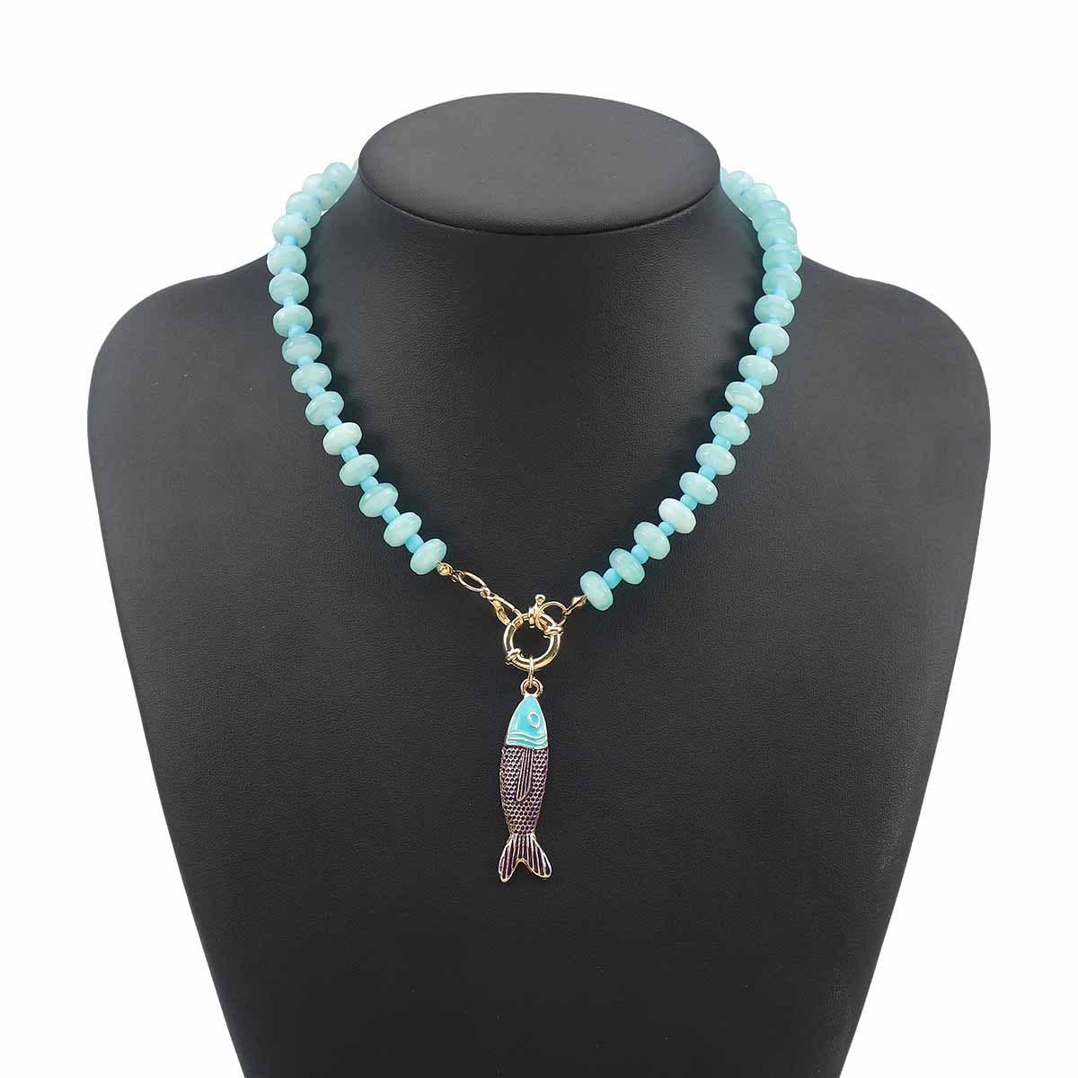 Beaded Fish Pendant Statement Necklace: Orange