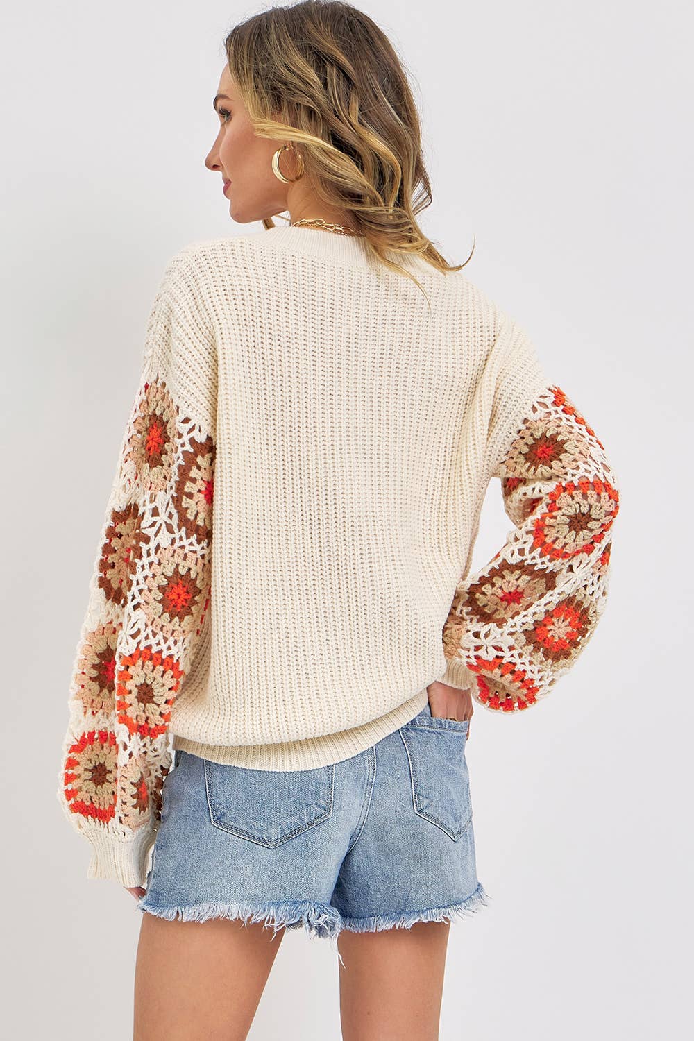 CROCHET PATCHWORK SWEATER: IVORY/ORANGE / Contemporary