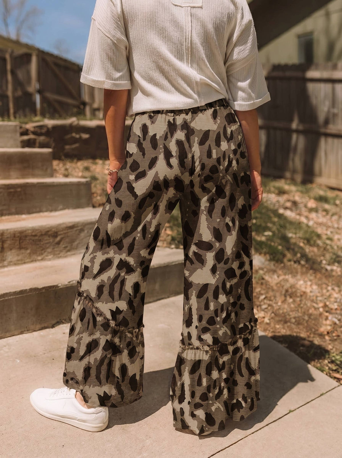 Western Leopard/camo Print Frilled Detail Drawstring Pants: Camo