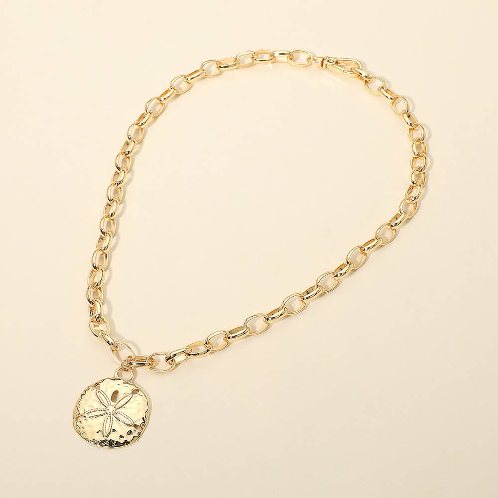 Hammered Metal Sand Dollar Pendant Chunky Chain Necklace: Rhodium
