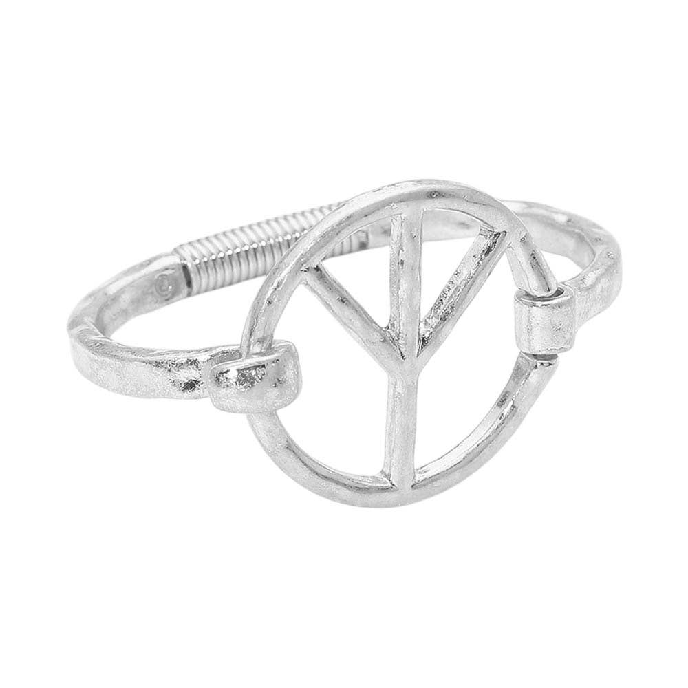 Worn Metal Peace Symbol Bangle Bracelet: Worn Silver