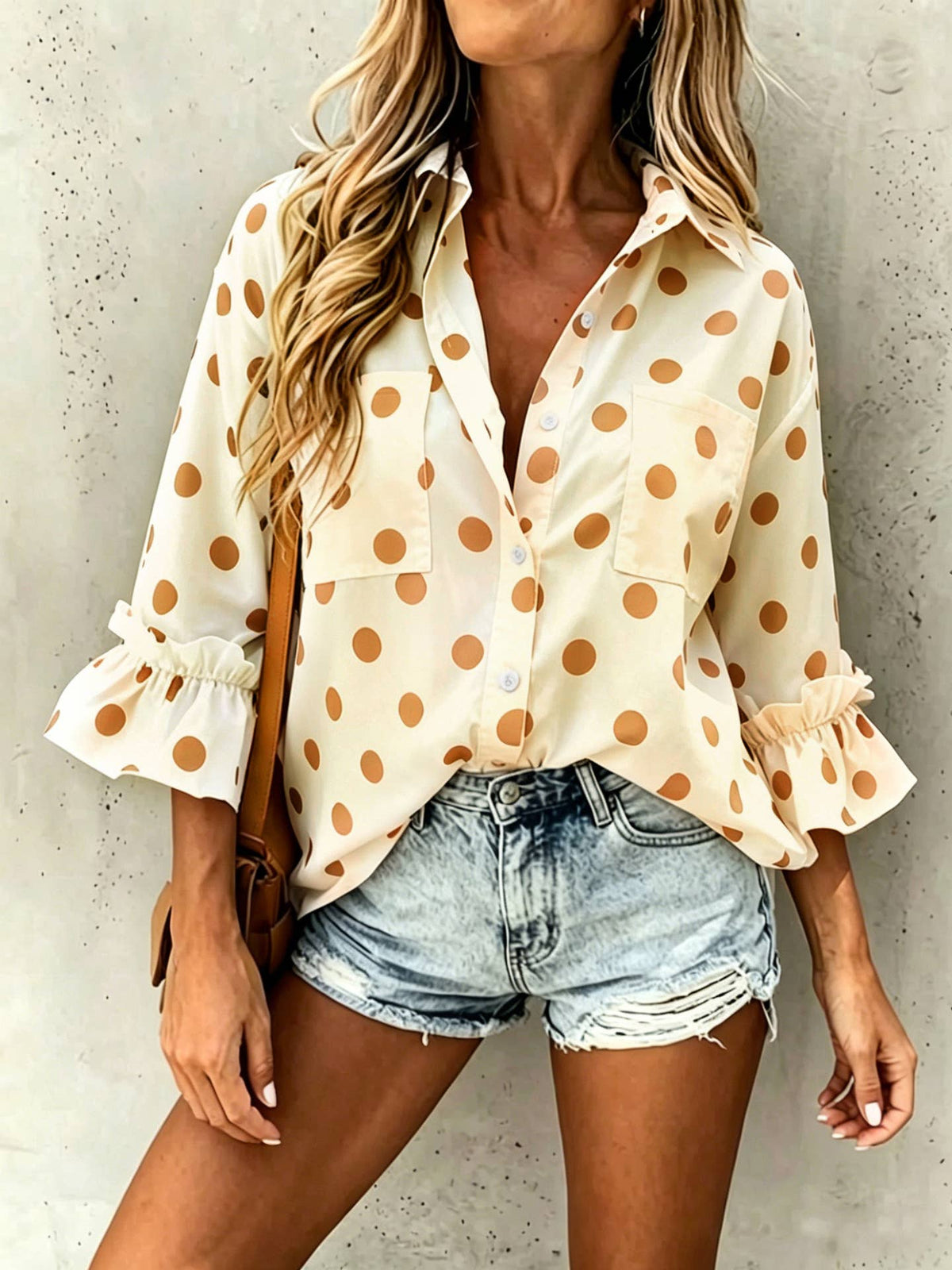 Polka Dot ruffle 3/4 sleeve button up blouse: White