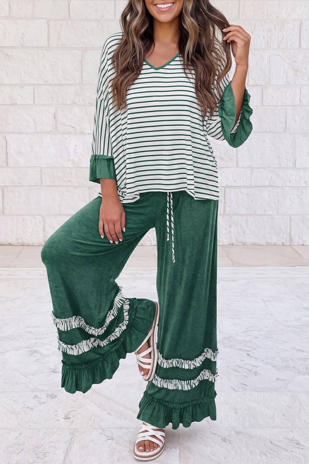 V Neck Ruffle Contrast Sleeve Drawstring Pants 2pcs Set S–4X: Green Stripe / S