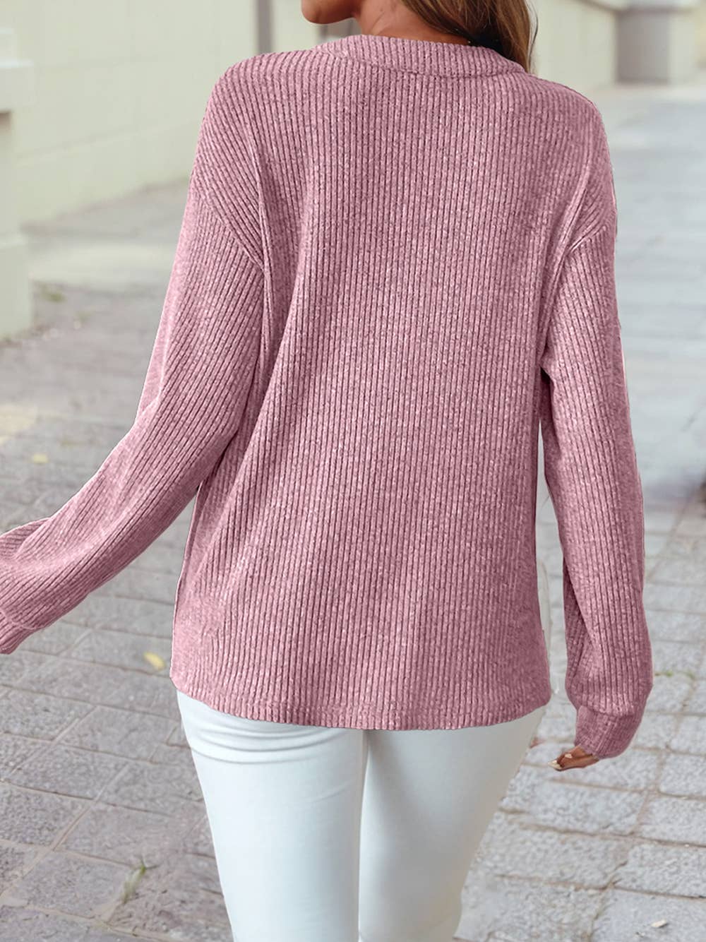 Ribbed Texture Drop Shoulder Henley Knit Top: Simply Taupe