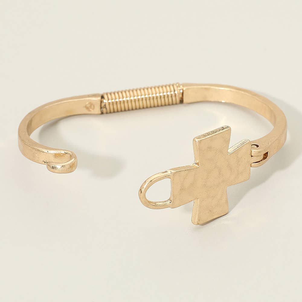 Hammered Metal Cross Accent Hinged Bangle Bracelet: Worn Gold