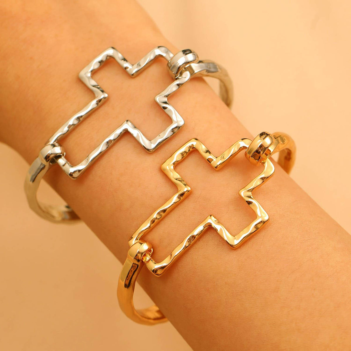 Hammered Open Cross Bangle - Silver or Gold | 40B5235: Silver