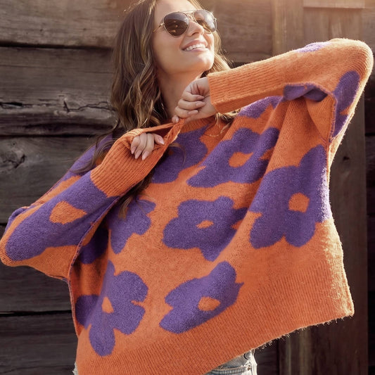 CREW NECK FLORAL LOOSE FIT SWEATER KNIT TOP: PUMPKIN PURPLE / Contemporary