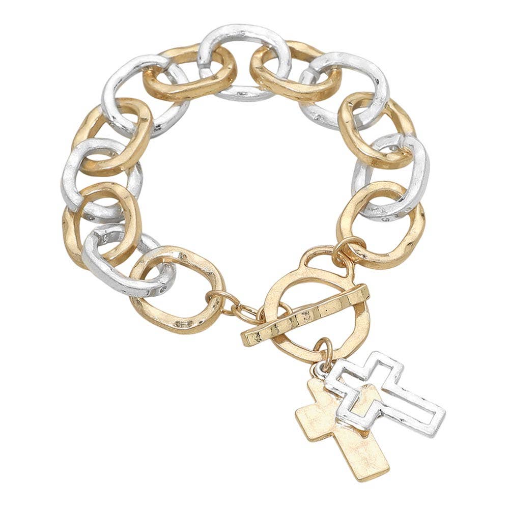 Hammered Layered Cross Charm Chunky Chain Toggle Bracelet: Gold,Worn Gold