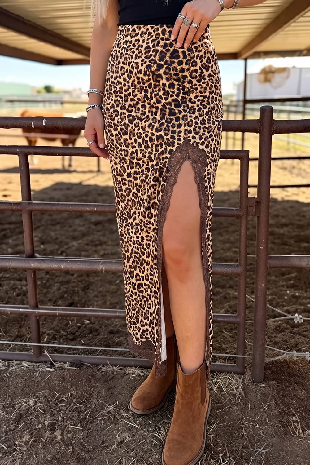 Western Cheetah Ruched High Waist Lace Splicing Slit Skirt: Multicolour