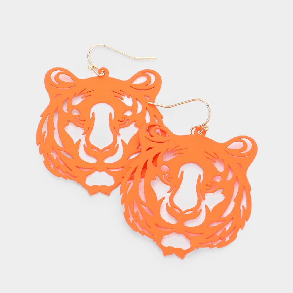 Brass Metal Cut Out Tiger Dangle Earrings: Silver