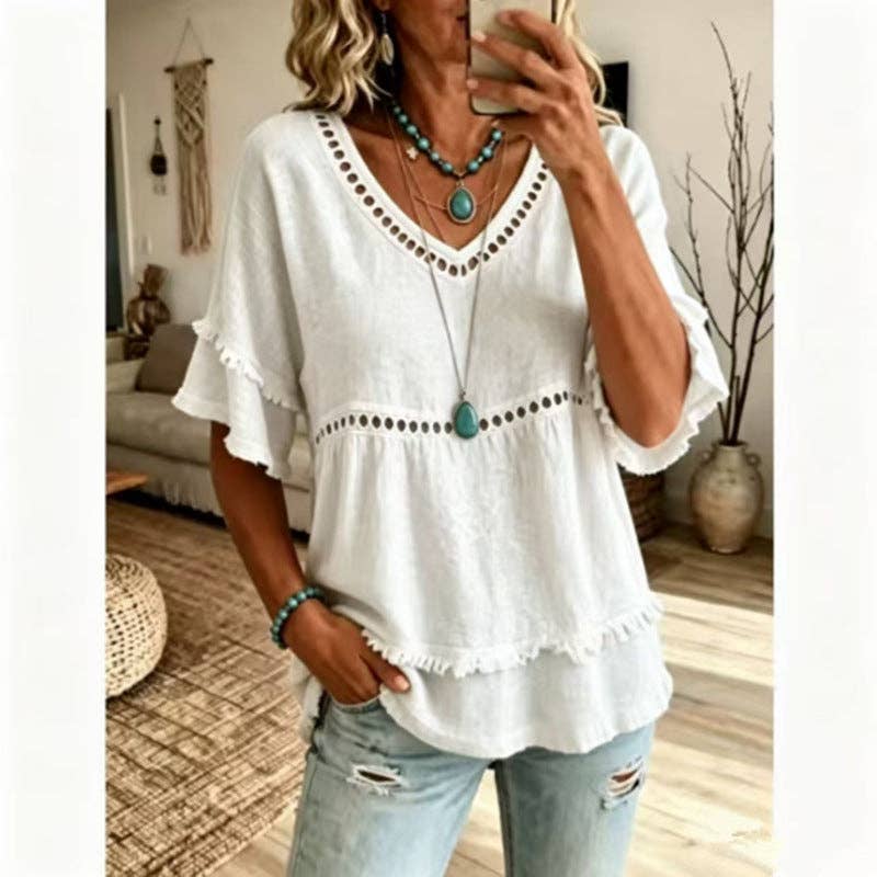 Boho Linen V Neck Blouse Eyelet Ruffle Sleeve: White / 30%cotton70%linen