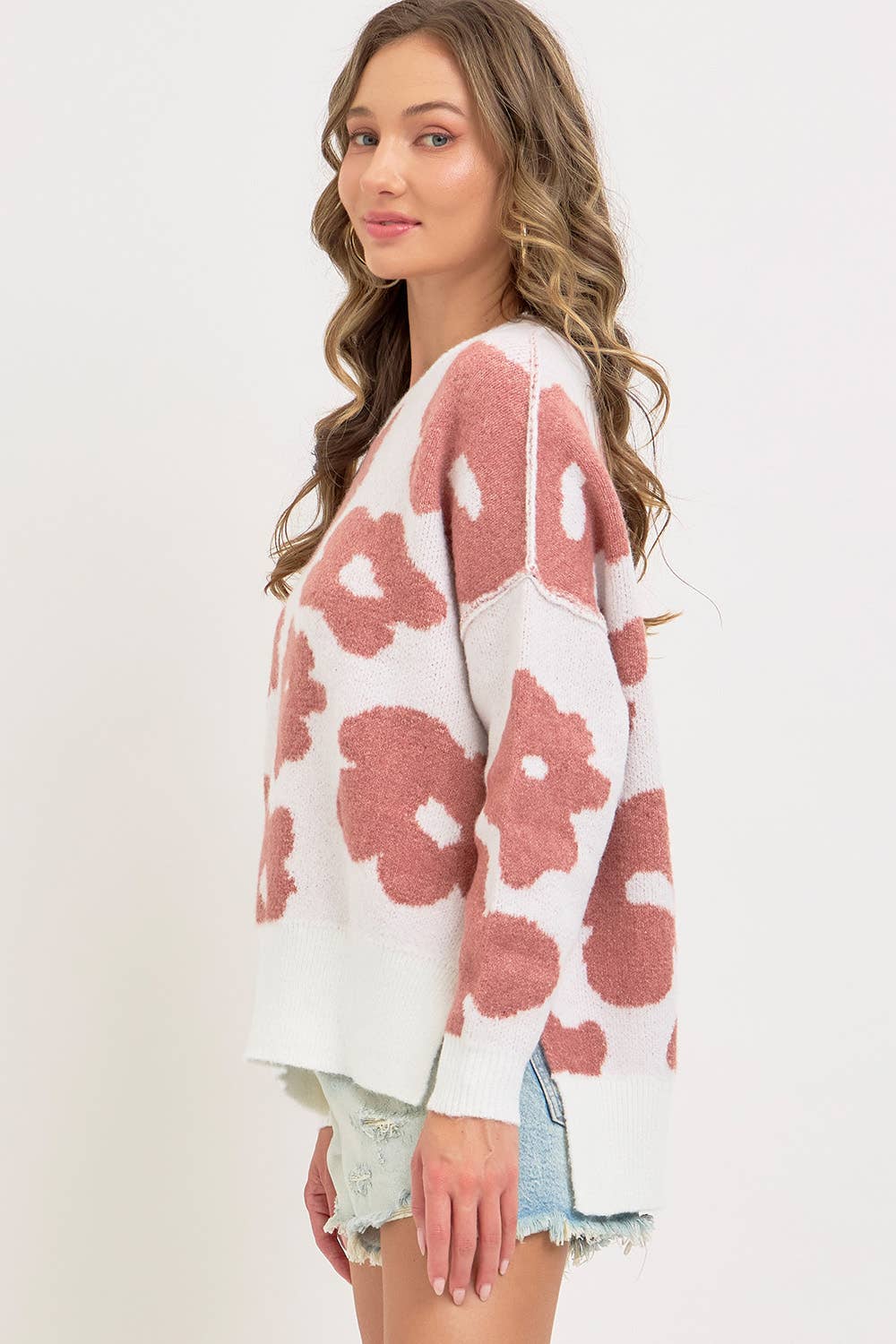 CREW NECK FLORAL LOOSE FIT SWEATER KNIT TOP: PUMPKIN PURPLE / Contemporary