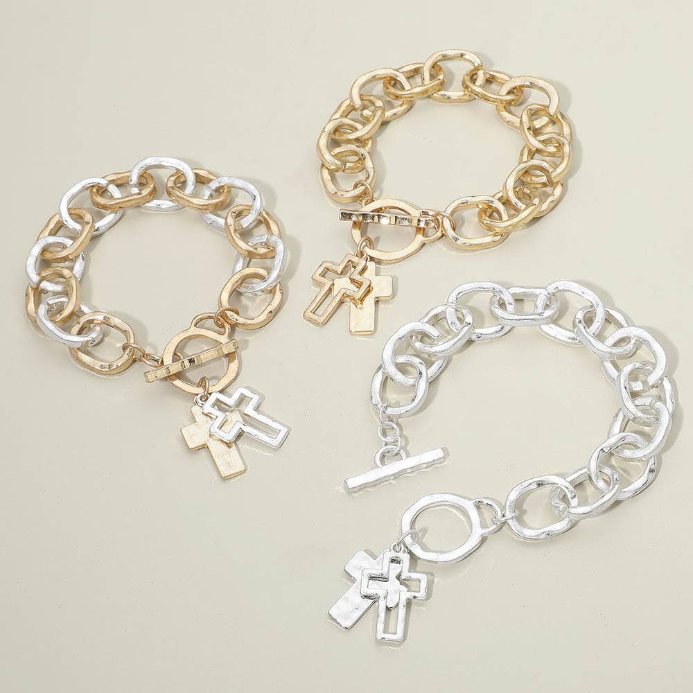 Hammered Layered Cross Charm Chunky Chain Toggle Bracelet: Worn Gold,Worn Silver