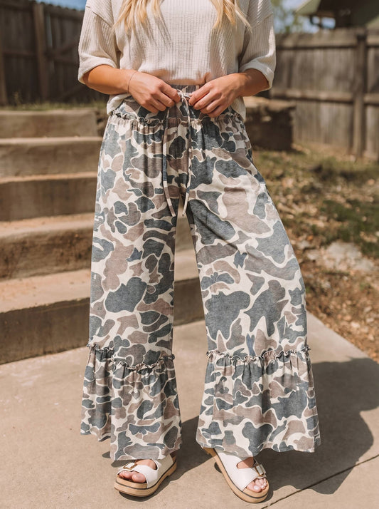 Western Leopard/camo Print Frilled Detail Drawstring Pants: Camo