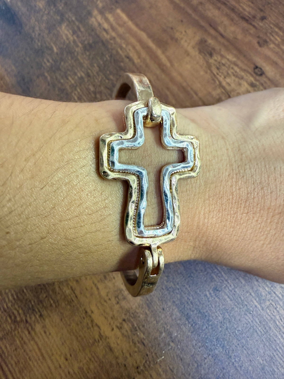 Beautiful Mixed Metal Cross Cuff Bracelet Gold OR Silver: Yellow Gold