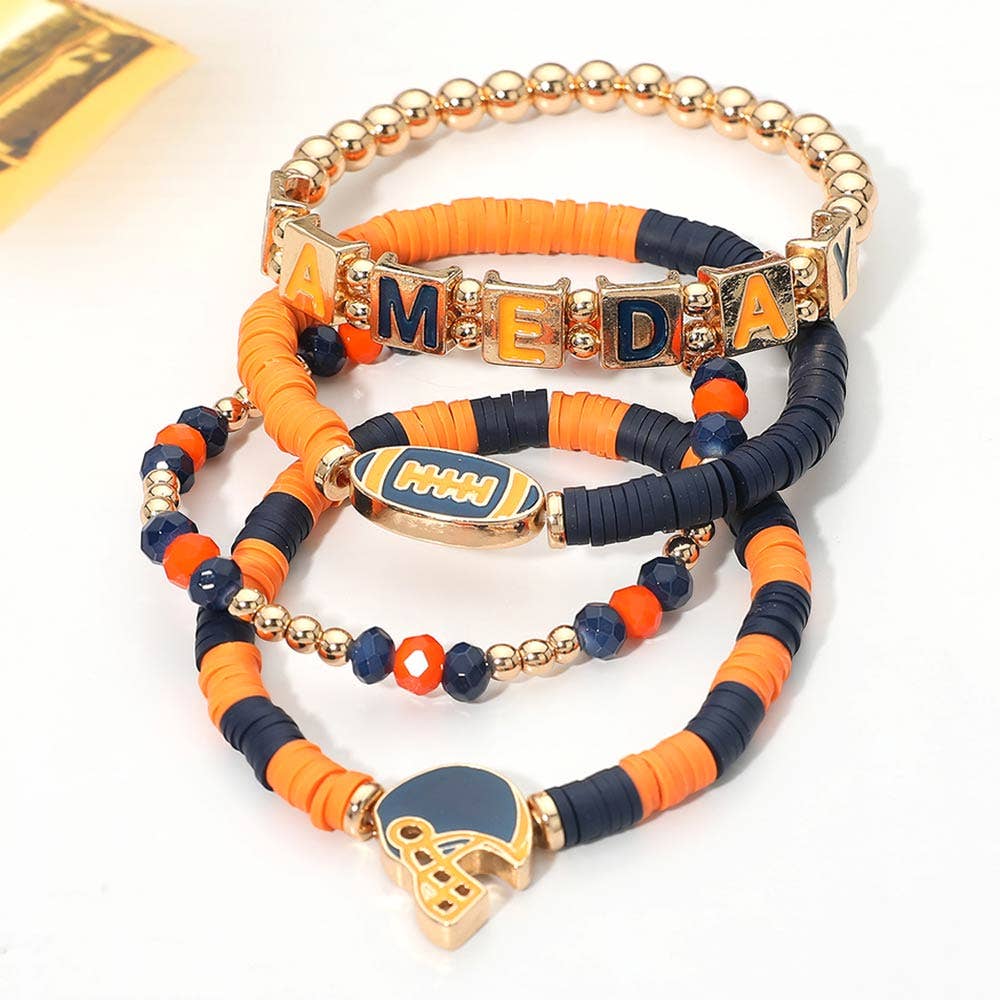 4PCS - GAMEDAY Football Charm Heishi Beaded Stretch Multi Layered Bracelets: Black Burgundy