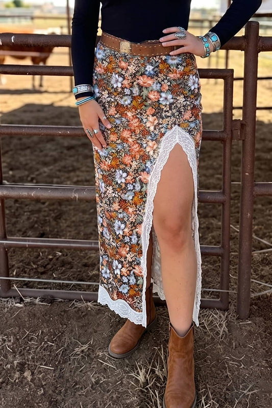 Western Cheetah Ruched High Waist Lace Splicing Slit Skirt: Multicolour