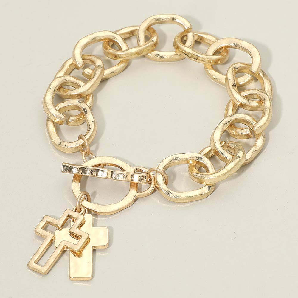 Hammered Layered Cross Charm Chunky Chain Toggle Bracelet: Worn Gold,Worn Silver