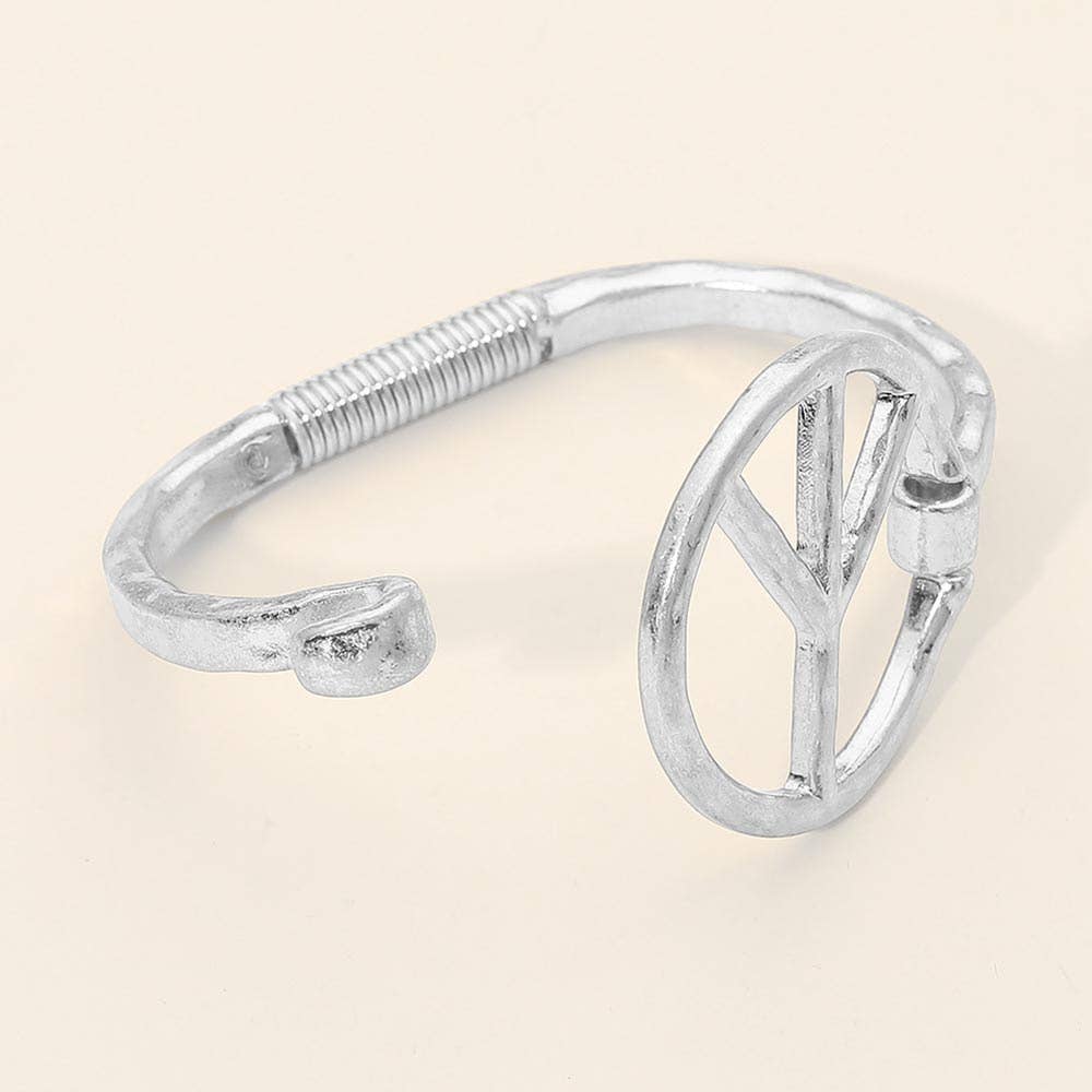 Worn Metal Peace Symbol Bangle Bracelet: Worn Silver