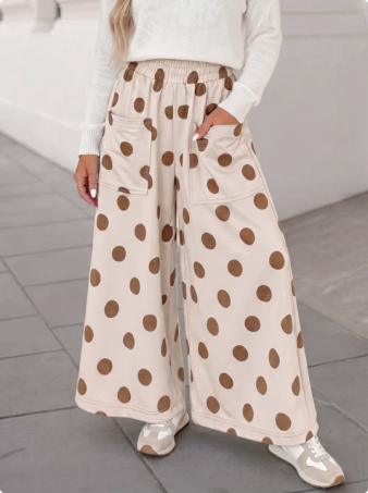 Polka Dot High Waist Wide Leg Pocket Pants | S-XL & 1X-4X: Khaki