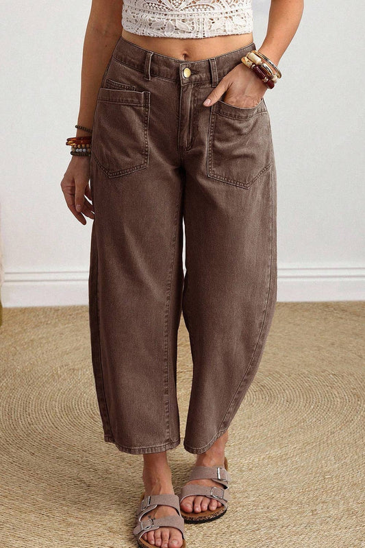 66 Solid Color Square Patch Pocket Ankle-length Barrel Jeans: Brown