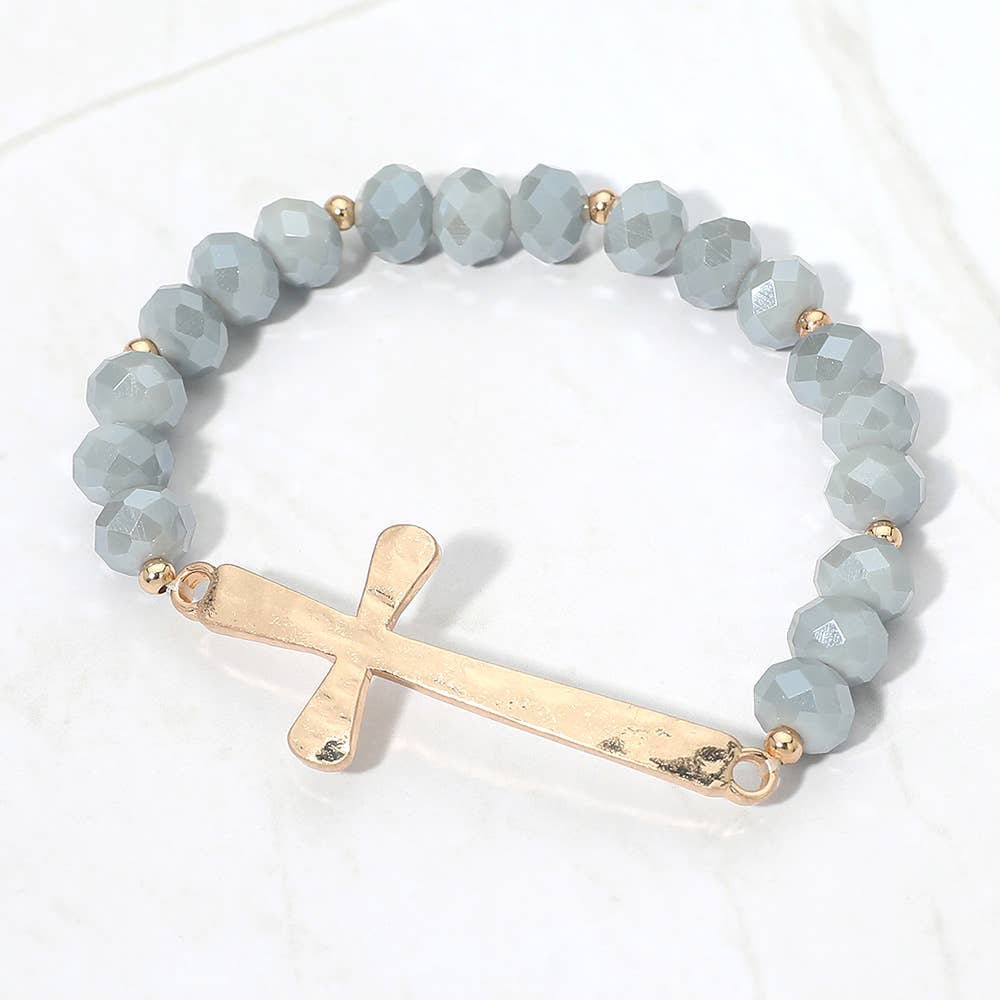 Brushed Hammered Metal Cross Accent Faceted Beaded Stretch Bracelet: Light Blue