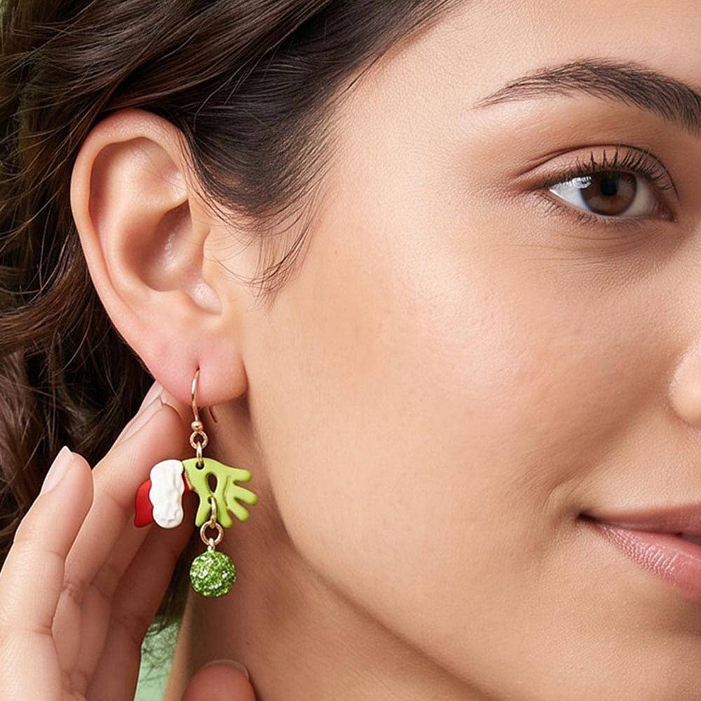 Grinch Santa Hand Christmas Ornate Drop Charm Dangle Earrings: Gold