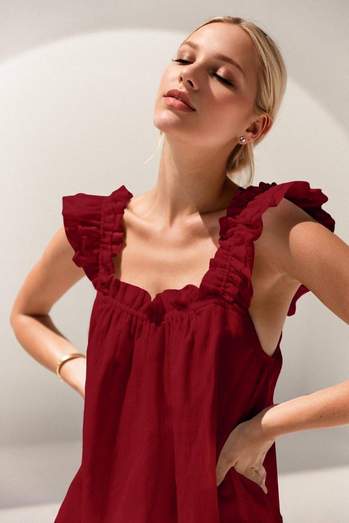 Ruffle Trim Lounge Tank & Shorts Pajama Set: Apricot / 100%Polyester