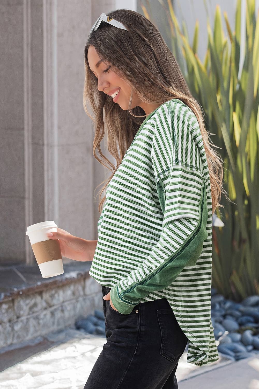 Thermal Knit Drop Shoulder Casual Top: Green Stripe