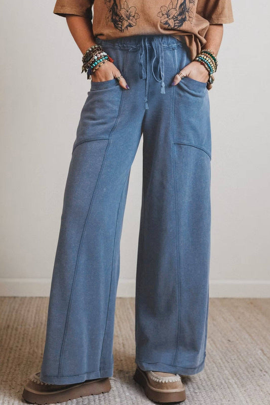 Ashleigh Blue Mineral Wash Drawstring Retro High Waist Wide Leg Western Pants: Ashleigh Blue / 100%Cotton