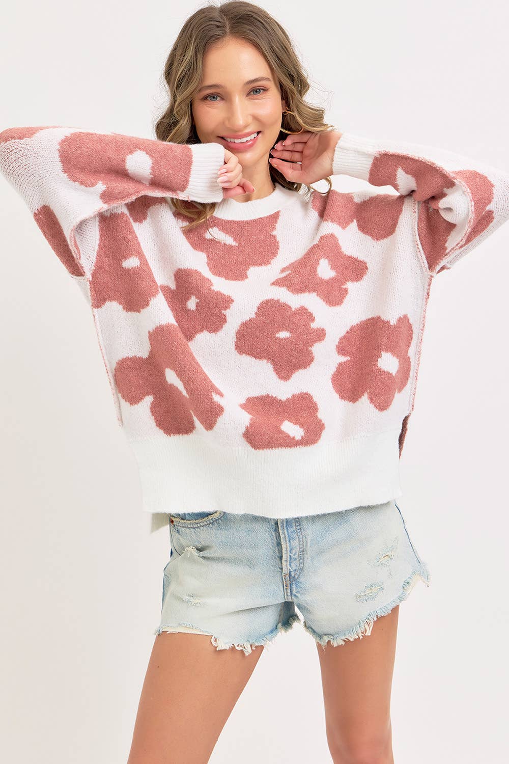 CREW NECK FLORAL LOOSE FIT SWEATER KNIT TOP: PUMPKIN PURPLE / Contemporary