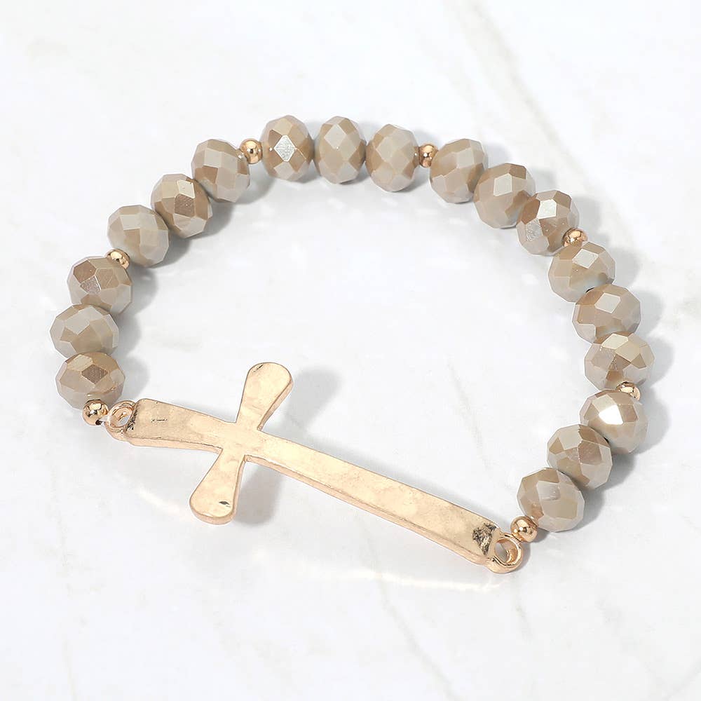 Brushed Hammered Metal Cross Accent Faceted Beaded Stretch Bracelet: Light Blue