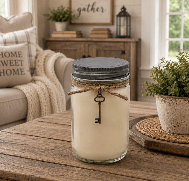 Mason Jar Candle with Key Charm: Welcome Home