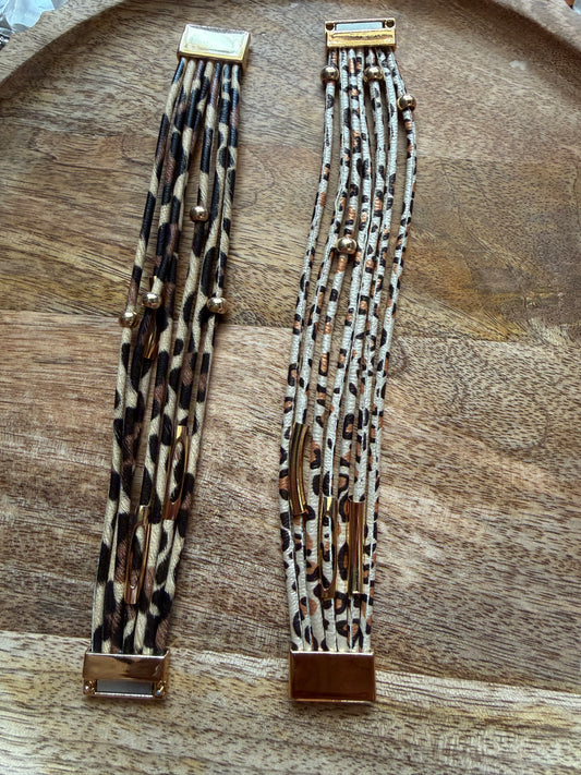 Animal Print Beaded Leather Bracelet with magnetic closure