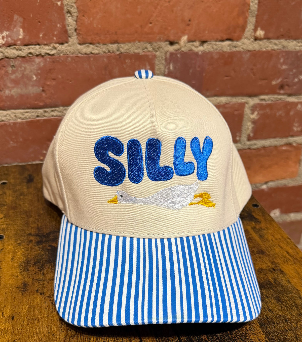 Silly Goose with striped brim