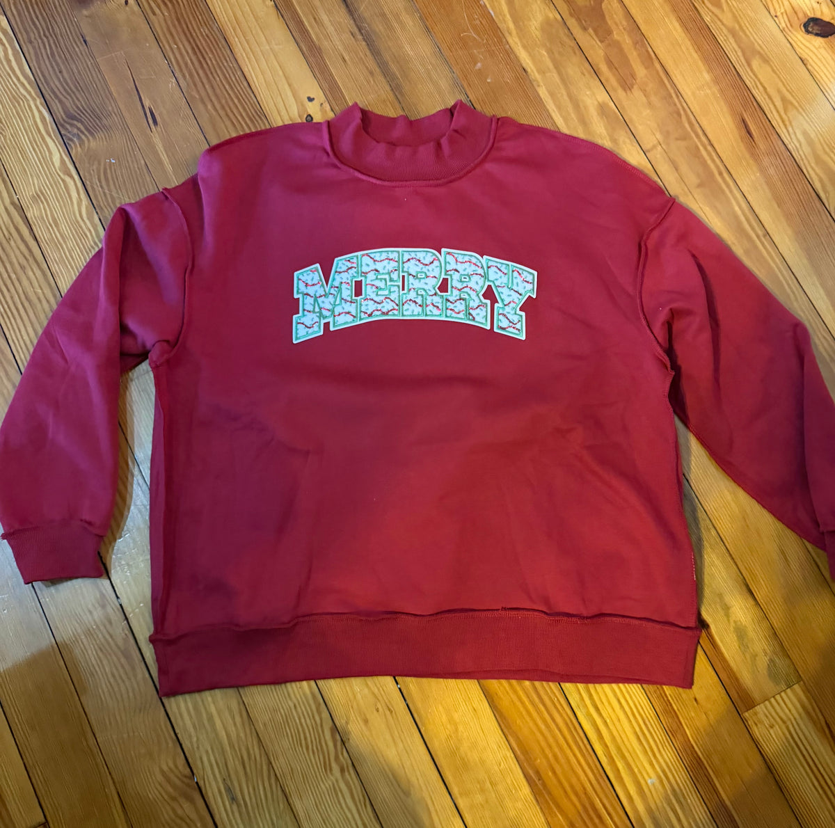 Merry chenile patch on Red Mock Neck Sweatshirt