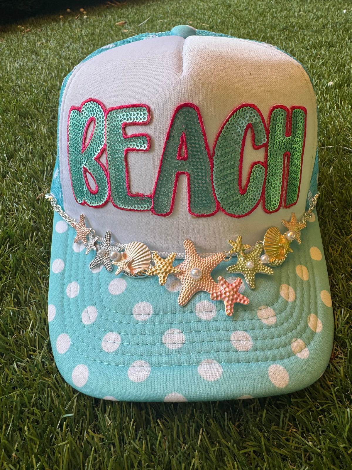 BEACH on blue polka dot hat with beach theme hat chain