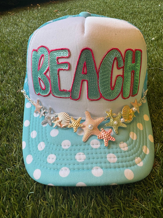 BEACH on blue polka dot hat with beach theme hat chain
